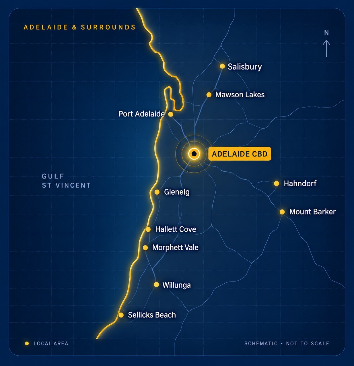 Schematic map of Adelaide and surrounding suburbs served by KR Removalists, including Salisbury, Mawson Lakes, Port Adelaide, Adelaide CBD, Glenelg, Hallett Cove, Morphett Vale, Willunga, Hahndorf and Mount Barker